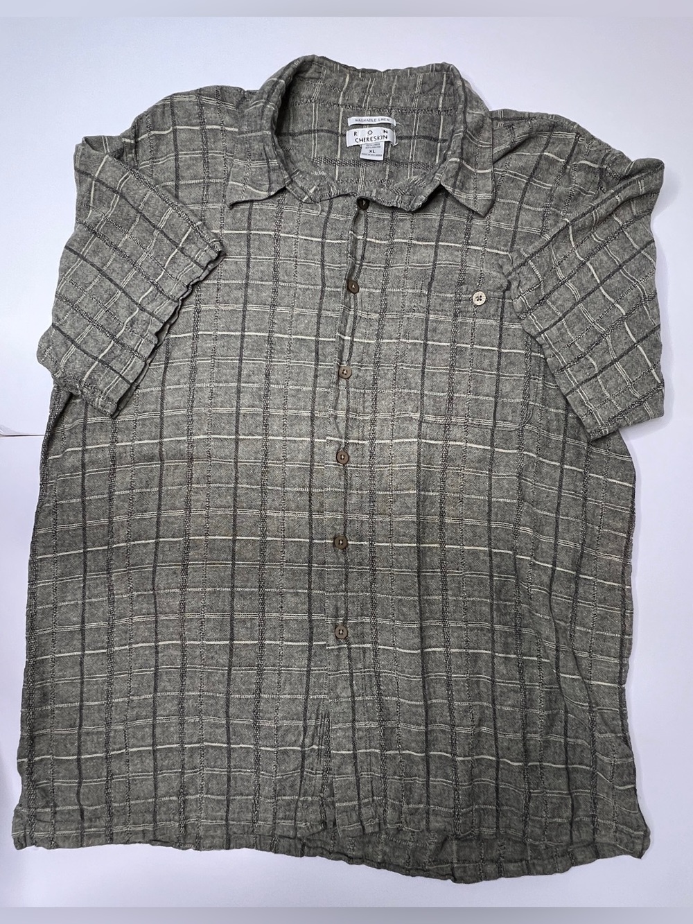 Ron Chereskin Gray Plaid Linen Blend Button Down Shirt Short Sleeve Mens Size XL